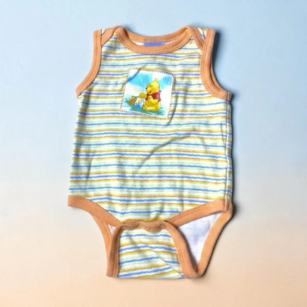 Vintage Disney Baby Winnie The Pooh Sleeveless Y2K Striped Bodysuit 0-3M Sleeper